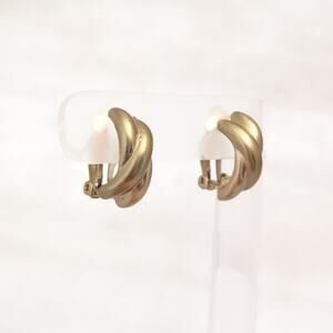 Vintage Clip On Earrings Matte Gold Tone Cross Over Half Hoops Stylish